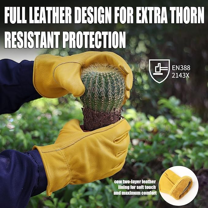 OZERO Gardening Work Gloves Men,1 Pair Insulated Heavy Duty Cut Resistant Thorn Proof Leather Cowhide Mens Women Mechanic Garden Gloves for Driving Welding-Large