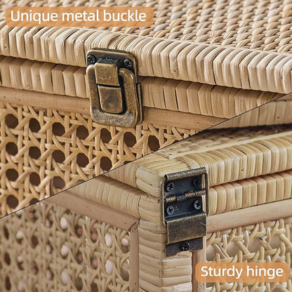 Rattan Box, Boho Decorative Boxes with Lids, Set of 2 Rectangular Wicker Storage Basket, Natural Woven Cane Bins for Home Decor (Rectangular)