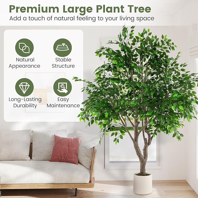 Goplus 8.2 FT Tall Artificial Ficus Tree, Large Faux Greenery Tree w/Leaves, Cement-Filled Pot, Realistic Trunk & Moss, Indoor Outdoor Fake Tropical Tree for Home, Office, Porch, Living Room