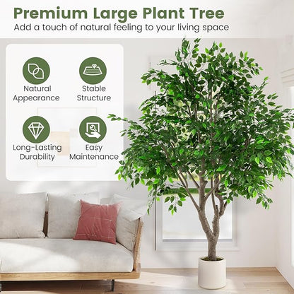 Goplus 8.2 FT Tall Artificial Ficus Tree, Large Faux Greenery Tree w/Leaves, Cement-Filled Pot, Realistic Trunk & Moss, Indoor Outdoor Fake Tropical Tree for Home, Office, Porch, Living Room