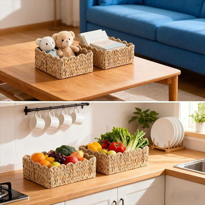 Scalloped Basket, Wicker Storage Baskets, Hand Woven Baskets for Shelves,Natural Baskets for Organizing (Water Hyacinth(S+M))