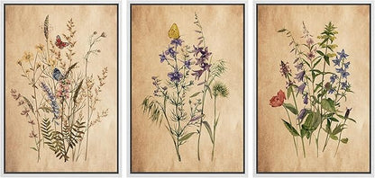 Ashbrook Framed Canvas Print Wall Art Set Vintage Wildflower Bouquet Nature Wilderness Illustrations Modern Art Decorative Floral Botanical Minimal Calm/Relax/Cozy for Bedroom - 24"x36"x3 WHITE