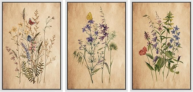 Ashbrook Framed Canvas Print Wall Art Set Vintage Wildflower Bouquet Nature Wilderness Illustrations Modern Art Decorative Floral Botanical Minimal Calm/Relax/Cozy for Bedroom - 16"x24"x3 WHITE