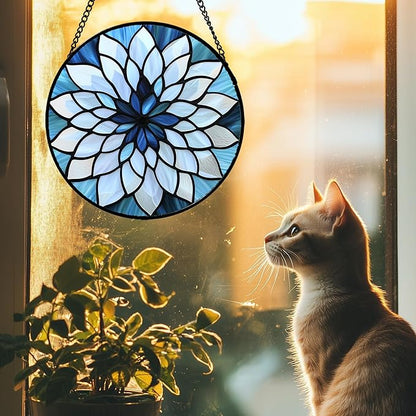 Stained Glass Suncatcher, Blue White Multi-Petal Flowers Sun Catcher Landscape Stain Glass Window Hanging Decoration Mother's Day Birthday Gifts for Women Men Mom Nana 15 in
