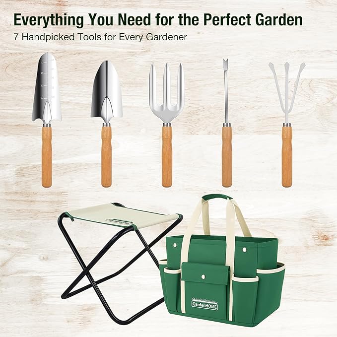 GardenHOME 7-Piece Gardening Tool Set – Stainless Steel Tools with Wooden Handles, Folding Stool & Canvas Tote, Durable Garden Kit for Women and Beginners