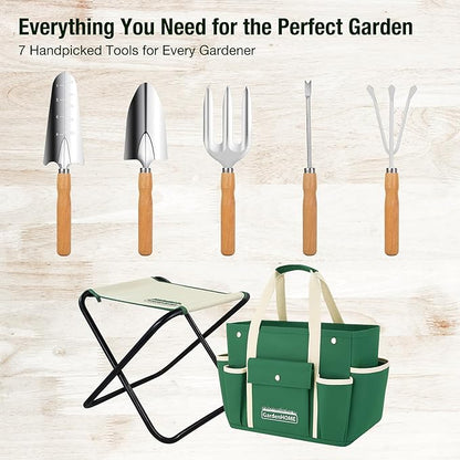 GardenHOME 7-Piece Gardening Tool Set – Stainless Steel Tools with Wooden Handles, Folding Stool & Canvas Tote, Durable Garden Kit for Women and Beginners