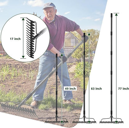 49'' Bow Rake ，17 Tines Metal Head Rakes with Stainless Steel Handle，Heavy Duty Garden Rake for Loosening Soil Gathering Leaf Leveling Lawn Farming Land Management Yarn Thatch Rake