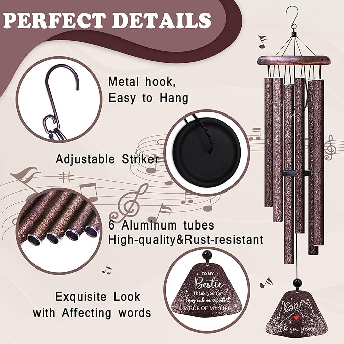 Kubbut Best Friend Birthday Gifts for Women 32" Wind Chimes, Friendship Gifts for Woman/Work Bestie, Soul Sister/Long Distance Friendship Gift for Her，BFF Gift Decoration Female