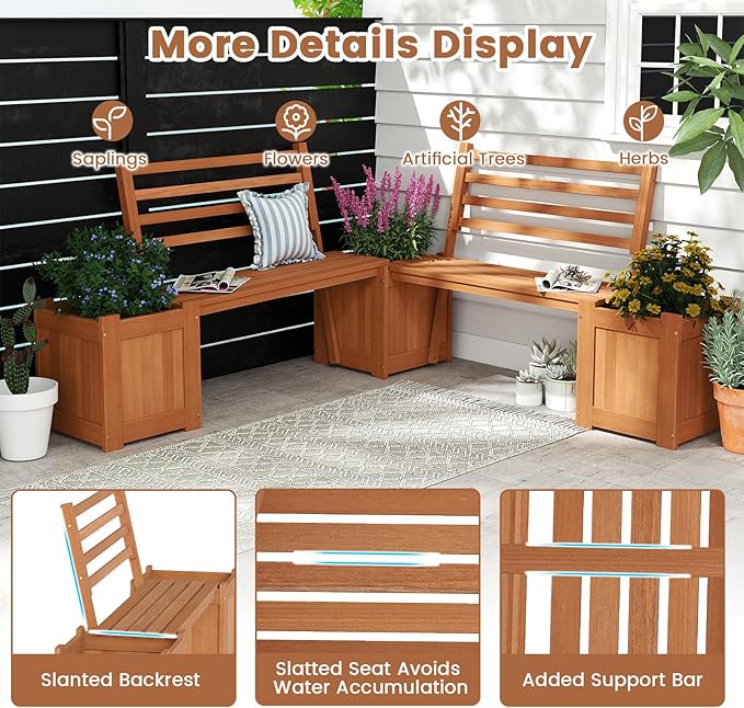 Outdoor Planter Box with Bench, Teak Oil Finish Wood Seat with 2 Open-Ended Base Garden Beds & Backrest, Decorative Plant Container for Yard, Balcony & Porch