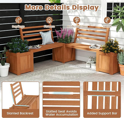 2 Pieces Outdoor Planter Box with Bench, Teak Oil Finish Wood Seat with 2 Open-Ended Base Garden Beds & Backrest, Decorative Plant Container for Yard, Balcony & Porch