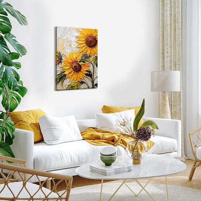 Sunflower Canvas Wall Art Abstract Sunflower Texture Landscape Wall Decor Artwork Yellow Floral Pictures Paintings Modern Botanical Posters Print Living Room Dining Room Kitchen Decor 12×16 Inch