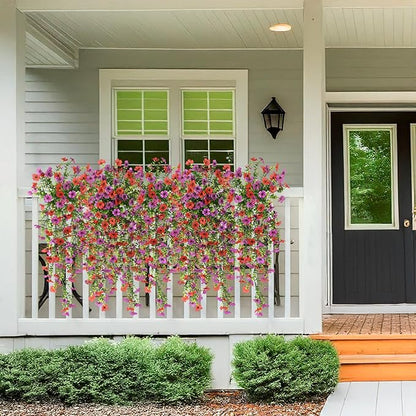 Fake Artificial Hanging Flowers for Outdoors, 2 Pcs Fake Hanging Plant Spring Summer Decor, UV Resistant No Fade Faux Silk Daisy Flower for Front Door Porch Planter Patio Yard Garden(Red Purple)