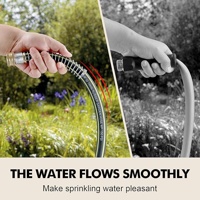 Lightweight Rubber Garden Hose 100 ft, 5/8" Hybrid Rubber Hose with Solid Brass Fitting, Water Hose Pipe for Outdoor, Cleaning & Washing