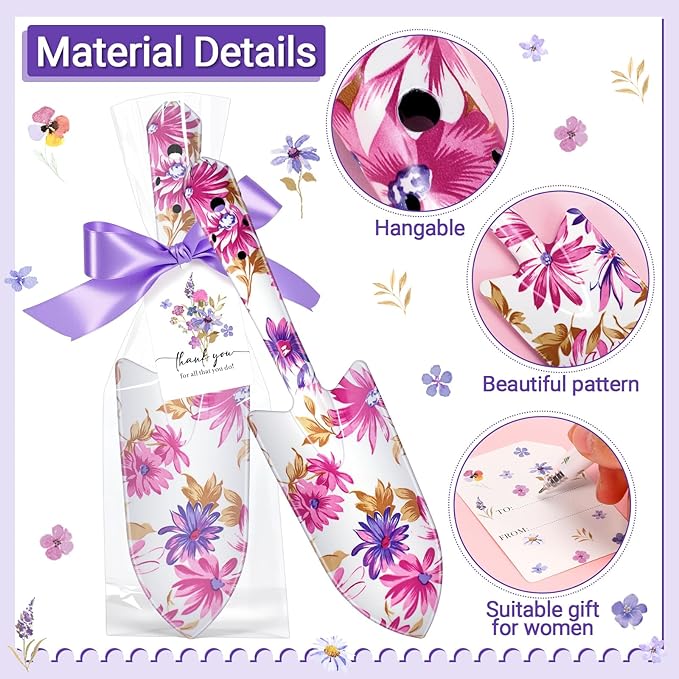 Capoda 12 Sets Floral Garden Shovels Bulk Gardening Gift for Women Garden Tools Floral Hand Heavy Duty Christmas Trowels Thank You Cards with Bags for Mom Gift Birthday Teacher(Purple,Elegant)