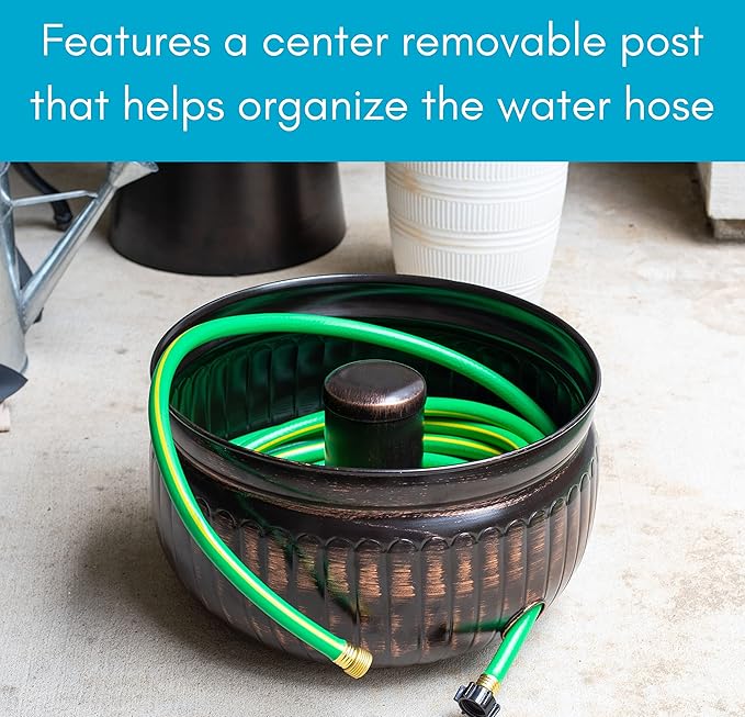 BIRDROCK HOME Water Hose Holder - Decorative Metal Pot, Indoor or Outdoor, Garden Storage Organizer, Patio Portable Bucket - Distressed Bronze, Holds up to 100ft Hoses, Medium No Lid