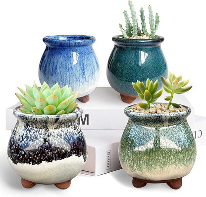 3 inch Glaze Handcraft Ceramic Pot Set, Tiny Cactus Planter with Drainage, Mini Cactus Pots Desk Shelf Decor, Cute Set of 4 Succulent Planter Pots