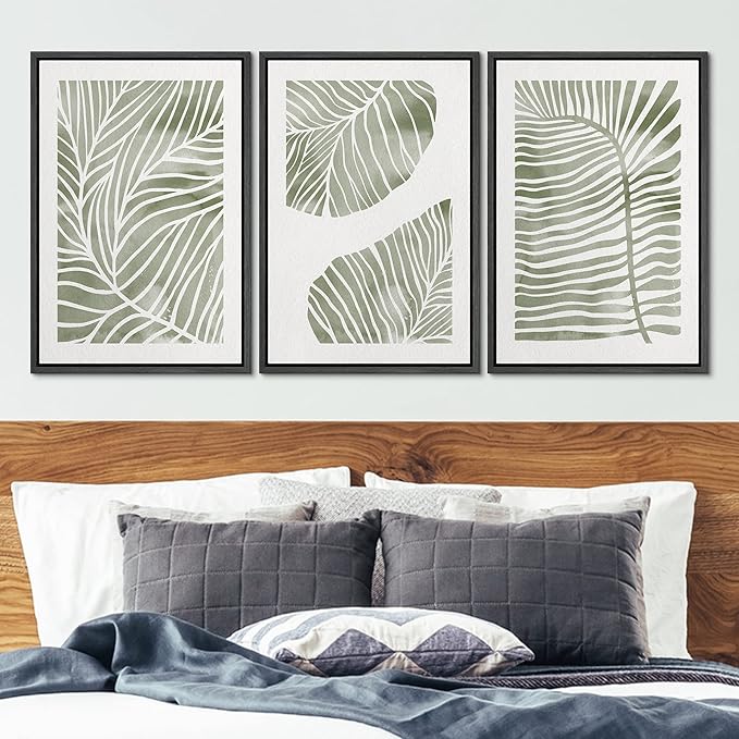 Ashbrook Framed Canvas Print Wall Art Set Abstract Jungle Green Pastel Plants Nature Wilderness Illustrations Modern Art Rustic Chic Colorful for Living Room, Bedroom, Office - 16"x24"x3 Black