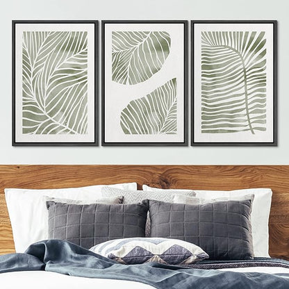 Ashbrook Framed Canvas Print Wall Art Set Abstract Jungle Green Pastel Plants Nature Wilderness Illustrations Modern Art Rustic Chic Colorful for Living Room, Bedroom, Office - 16"x24"x3 Black