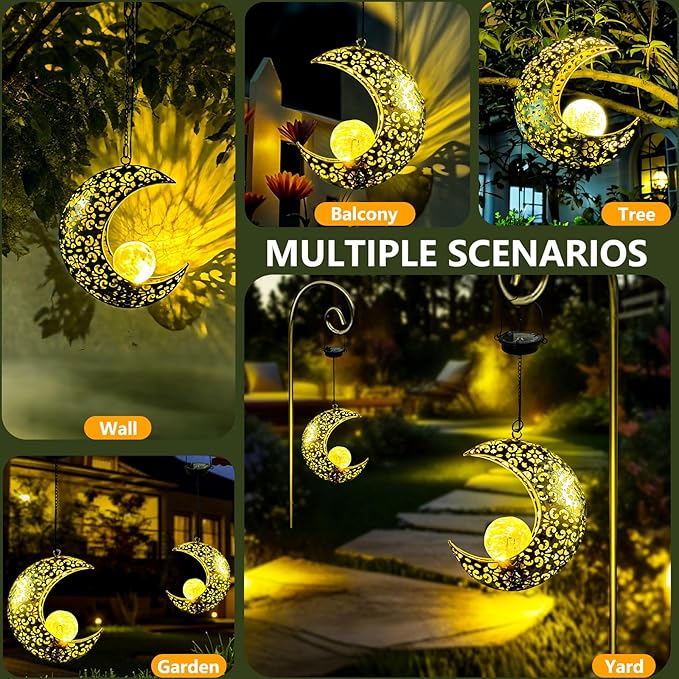 Solar Garden Hanging Moon Lights Outdoor Decor,Metal Lanterns Art Decorations for Outside Yard Lawn Patio Wall Fences Driveway Trail,Unique Housewarming Gardening Gifts for Women Mom