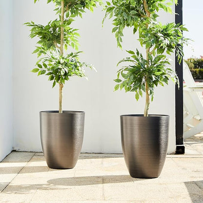 Glitzhome 16.75" H Large Planters for Outdoor Plants, Set of 2 Black Tall Planter with Drainage Holes, Large Flower Pots for Front Porch, Patio, Deck, Faux Brushed Steel Texture Finish