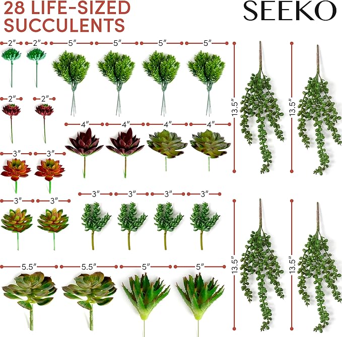 SEEKO Succulents Fake Succulents (28 Pack) – Premium Succulents Plants Artificial for Crafts - Large Assortment for Party, Garden, Home, Outdoor & DIY Floral Decor