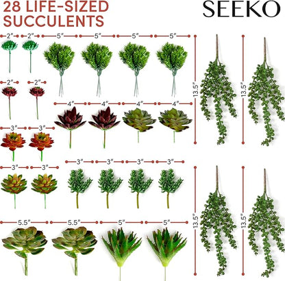SEEKO Succulents Fake Succulents (28 Pack) – Premium Succulents Plants Artificial for Crafts - Large Assortment for Party, Garden, Home, Outdoor & DIY Floral Decor