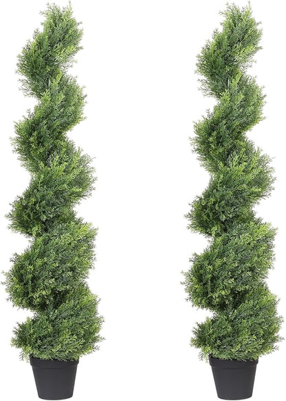 THE BLOOM TIMES 4ft Artificial Topiary Trees Set of 2, 48 inch Faux Cedar Cypress Spiral Topiary Trees Outdoor - Fake Plants for Garden Front Porch Indoor Outside Planter Decor 4 Foot