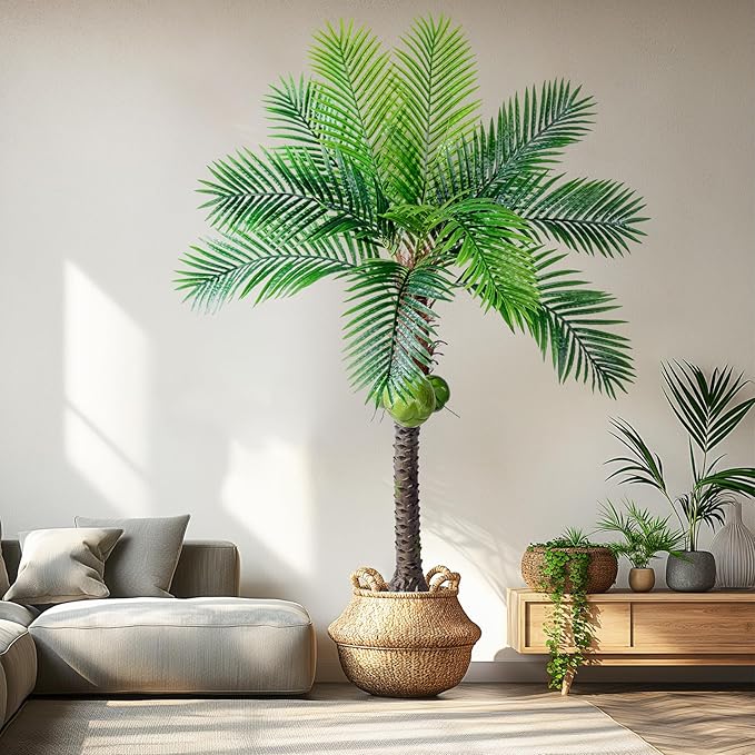 6FT Artificial Phoenix Palm Tree with Coconut Fruit Artificial Plants Indoor Outdoor Large Faux Coconut Silk Palm Tree Tropical Fake Palm Plant for Modern Farmhouse Yard Outside Patio Poolside