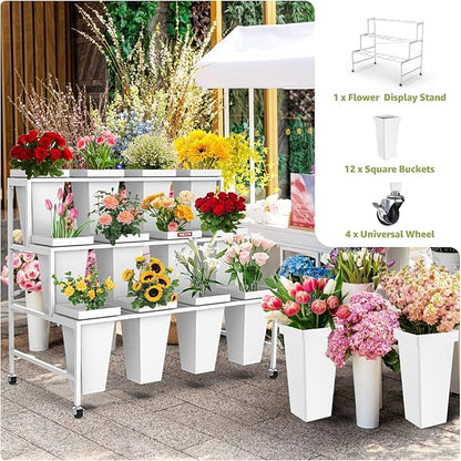3 Layers Flower Display Stand with Buckets, 12 PCS Buckets Plant Stand with Wheels, Movable Metal Plant Stand for Terrace Garden, Living Room, Florist Shop
