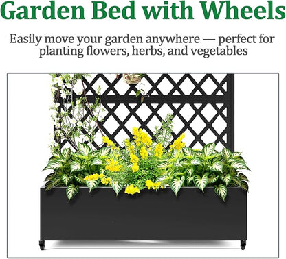 Metal Raised Garden Bed with Trellis and Wheels, 2 in 1 Trellis with Planter Box & Privacy Screen for Climbing Plants, Outdoor Standing Flower Beds with Drainage Holes, 47.2''L×15.7''W×70.9''H, Black