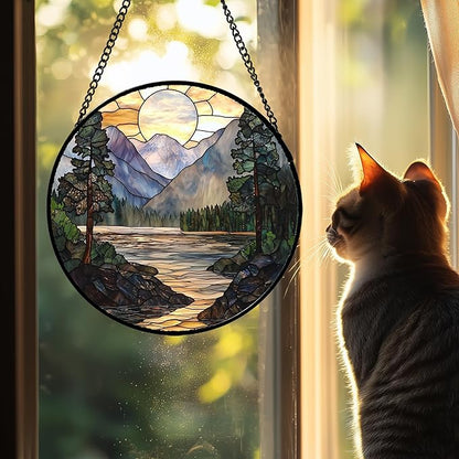 Stained Glass Window Hanging, Sunset Mountains Lake Tree Sun Catcher for Window Home Decor Landscape Suncatcher Mother's Day Birthday Gifts for Women Men Mom and Nana 11.8 in