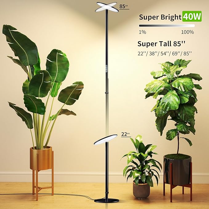 chiphy Grow Lights, 85" Full Spectrum Plant Light for Indoor Plants, 40W Grow Lamp, 10 Dimmable Brightness, Height Adjustable, Ideal for Large Tall Plants