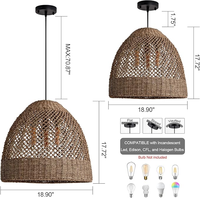 18.9" Costoal Pendant Light Fixture 3-Lights Farmhouse Rattan Chandelier Boho Hand Woven Wicker Hanging Light Fixture for Kitchen Island Living Room Bedroom Dining Room Foyer Restaurant