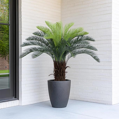 Bellacat 3ft UV Resistant Faux Sago Palm Tree with Natural & Lifelike Bark, 35in Super Full Artificial Cycad Tree with Realistic Leaves, for Home Office Patio Porch Front Door Decor.