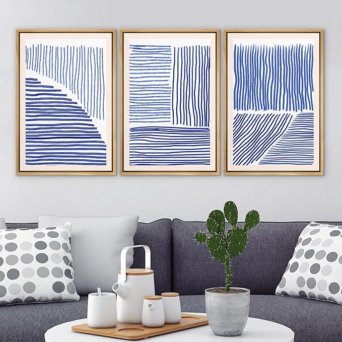 Ashbrook Framed Wall Art Print Set Navy Blue Geometric Color Block Lines Abstract Shapes Illustrations Modern Art Boho Scenic Colorful Chic for Living Room, Bedroom, Office - 16"x24"x3 Natural