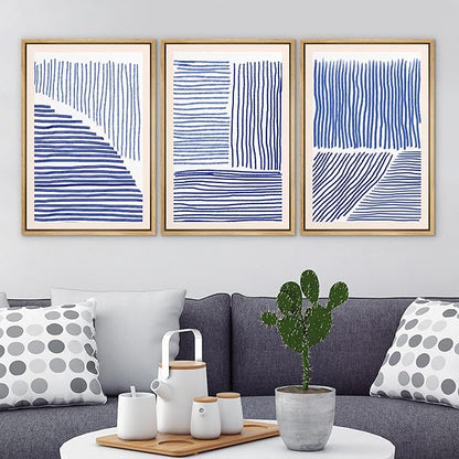 Ashbrook Framed Wall Art Print Set Navy Blue Geometric Color Block Lines Abstract Shapes Illustrations Modern Art Boho Scenic Colorful Chic for Living Room, Bedroom, Office - 24"x36"x3 Natural
