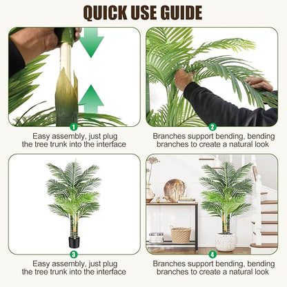 Triple Golden Cane Palm Artificial Tree 4ft Tall Large Faux Tropical Palm Tree UV Resistant Fake Plant in Pot for Indoor Outdoor Big House Living Room Patio Office Home Outside Decor 2Pack