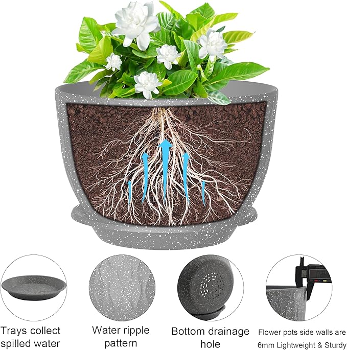 10 inch Large Plant Pots, Flower Pots with Multi-Mesh Drainage Holes and Saucer, Plastic Planters for Indoor and Outdoor Garden Plants (Speckled Grey, 10")