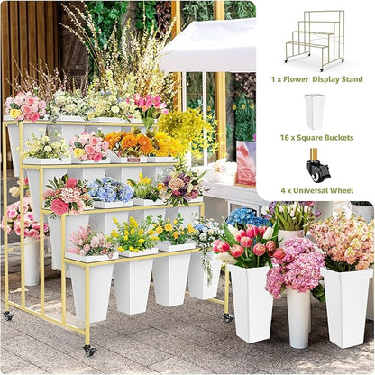 4 Layers Flower Display Stand with Buckets, 16 PCS Buckets Plant Stand with Wheels, Movable Metal Plant Stand for Terrace Garden, Living Room, Florist Shop