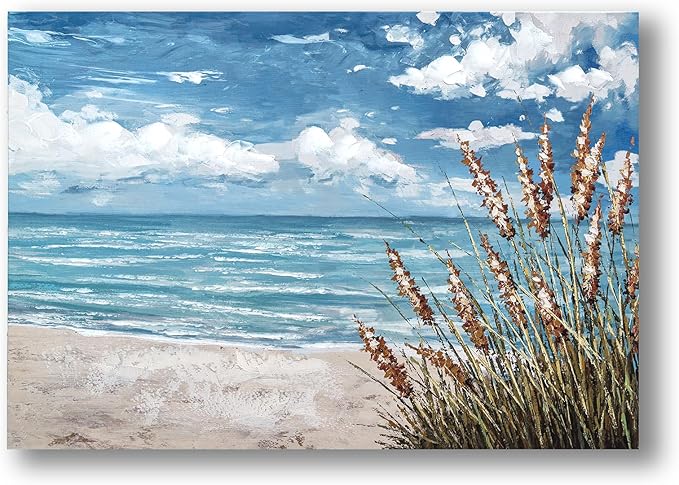 Beach Scene Wall Art, large Blue Ocean Seascape Painting,Seaside weed Coastal Canvas oil Painting Seascape Paintings Coastal Picture Framed Artwork for Living Room Bedroom Office Decor 40" x 28"