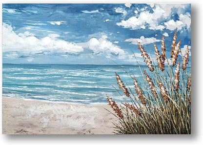 Beach Scene Wall Art, large Blue Ocean Seascape Painting,Seaside weed Coastal Canvas oil Painting Seascape Paintings Coastal Picture Framed Artwork for Living Room Bedroom Office Decor 40" x 28"