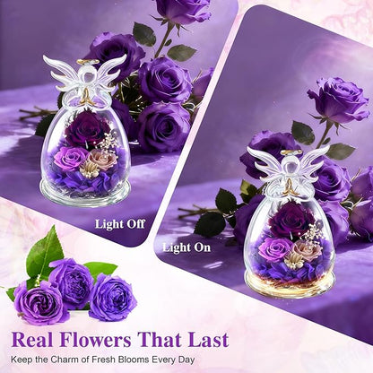 Purple Rose Valentines Day Gifts for Her Birthday Christmas Gifts for Women, Forever Rose in Glass Flowers for Delivery, Preserved Rose Angel Figurine for Mom Grandma, Mother’s Day Birthday Gifts