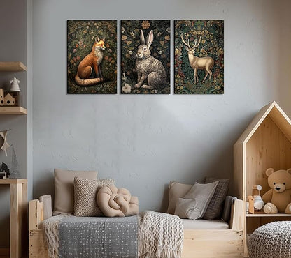3Pcs Forest Animal Canvas Wall Art Fox Rabbit Deer Painting Pictures Wall Decor Wildlife Animal Posters Prints Dark Gothic Botanical Floral Artwork for Office Bedroom Home Decoration 12x16in