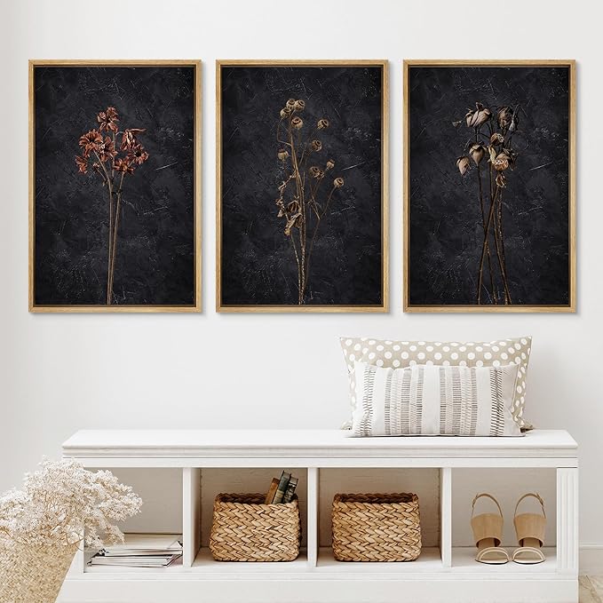 Ashbrook Framed Canvas Print Wall Art Set Dark Moody Wildflowers Nature Wilderness Illustrations Modern Art Decorative Floral Botanical Minimal Calm/Relax/Cozy for Bedroom - 24"x36"x3 Natural