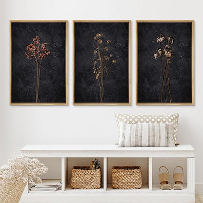 Ashbrook Framed Canvas Print Wall Art Set Dark Moody Wildflowers Nature Wilderness Illustrations Modern Art Decorative Floral Botanical Minimal Calm/Relax/Cozy for Bedroom - 24"x36"x3 Natural