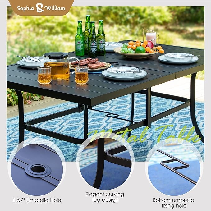 Sophia & William Patio Table and Chairs Set with Umbrella 8 Piece Outdoor Dining Set for 6 with 13ft Double-Sided Patio Red Umbrella, 6 x Swivel Patio Chairs, 1 Metal Table for Lawn Garden