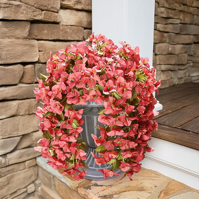 HyeFlora Bougainvillea Artificial Hanging Flowers Plants for Outdoors Winter Decoration, 2pcs Faux Bougainvillea Vines Red Fake Flowers Realistic UV Resistant Silk Flowers for Outside Planter Yard Urn