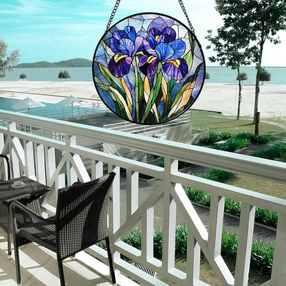 Stained Glass Window Hanging - Blue Purple Iris Flower Suncatcher for Door Garden Patio Sun Catchers Decor Christmas Mother's Day Birthday Gifts for Women Men Mom Nana Aunt Friend 7.8 in