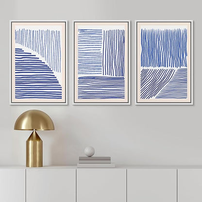 Ashbrook Framed Wall Art Print Set Navy Blue Geometric Color Block Lines Abstract Shapes Illustrations Modern Art Boho Scenic Colorful Chic for Living Room, Bedroom, Office - 16"x24"x3 White