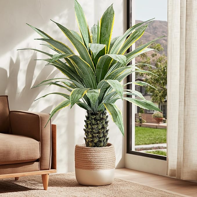 Artificial Agave Plant Potted Plants for Indoor Outdoor Fake Agave Tree in Pot Realistic Faux Tree with 42 Leaves for Home Living Room Office Garden Front Porch Patio Decor (51inch-1 Pc Potted Yellow)
